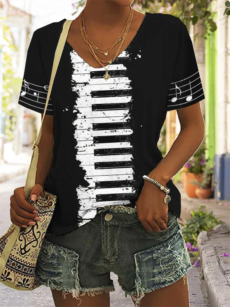 Comstylish Piano Music Notes V Neck T Shirt