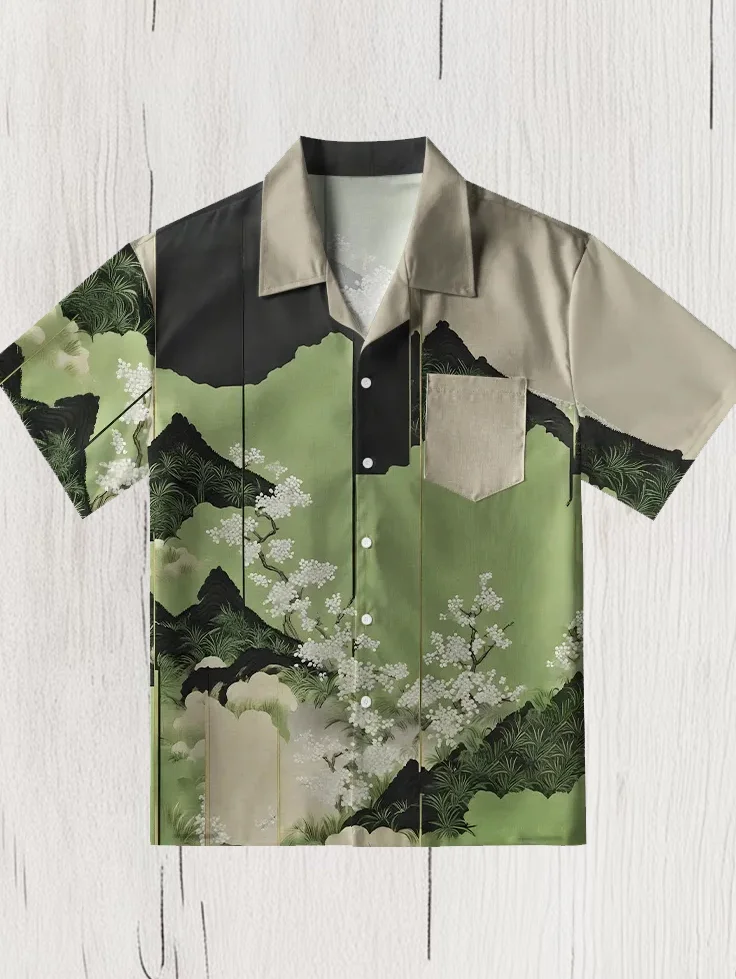 Men's Spring Japanese Art Print Short Sleeve Shirt