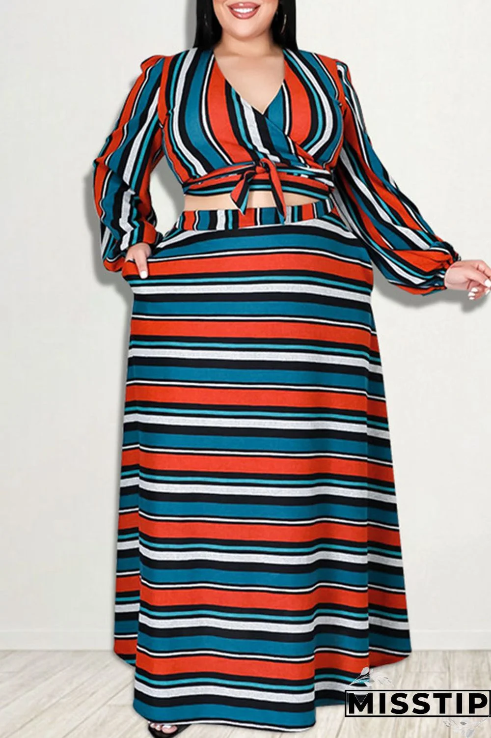 Stripe Casual Striped Print Bandage Patchwork V Neck Plus Size Two Pieces