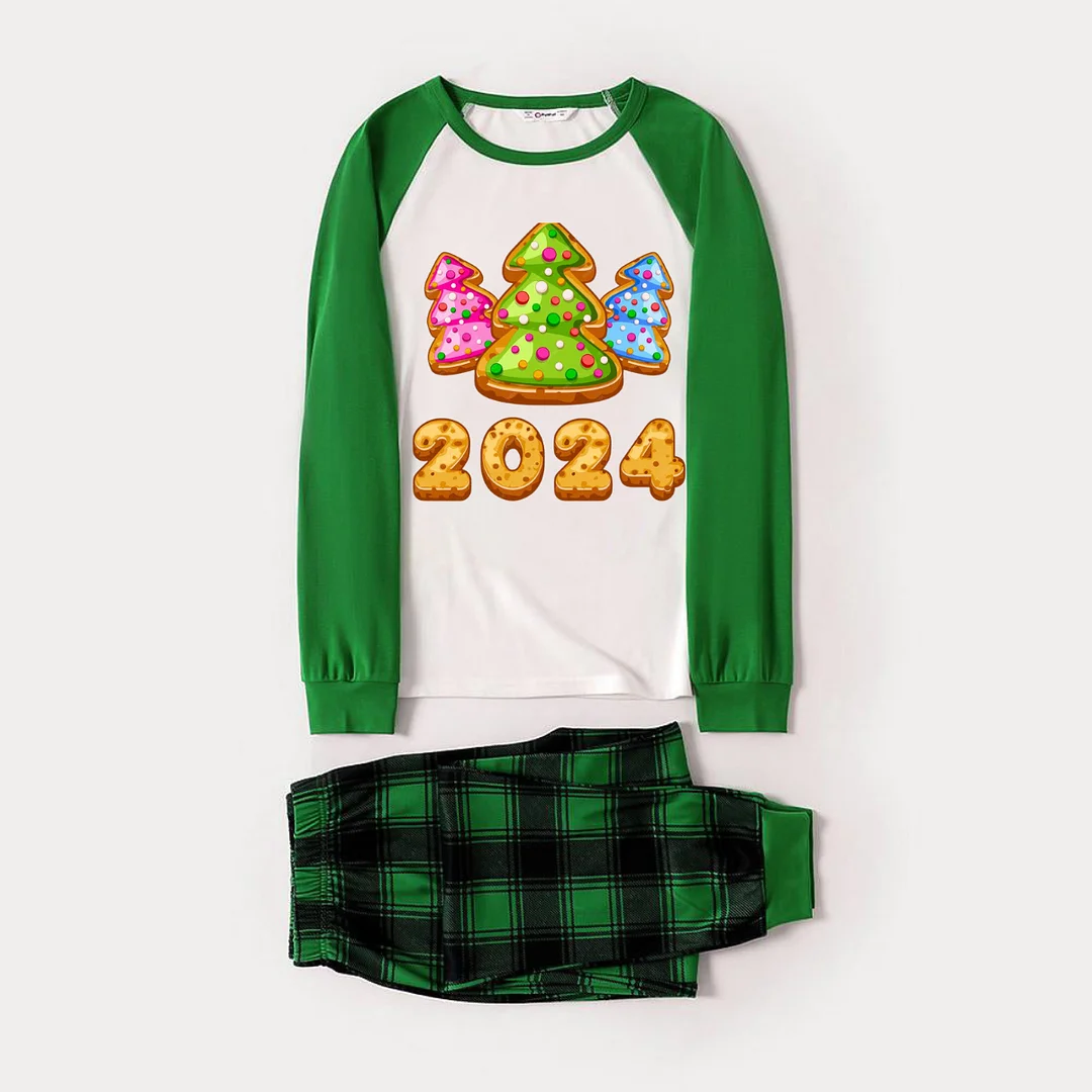 Cute Christmas Tree and 2024 Print Long Sleeve Top With Green & Black Plaid Christmas Matching Pajamas