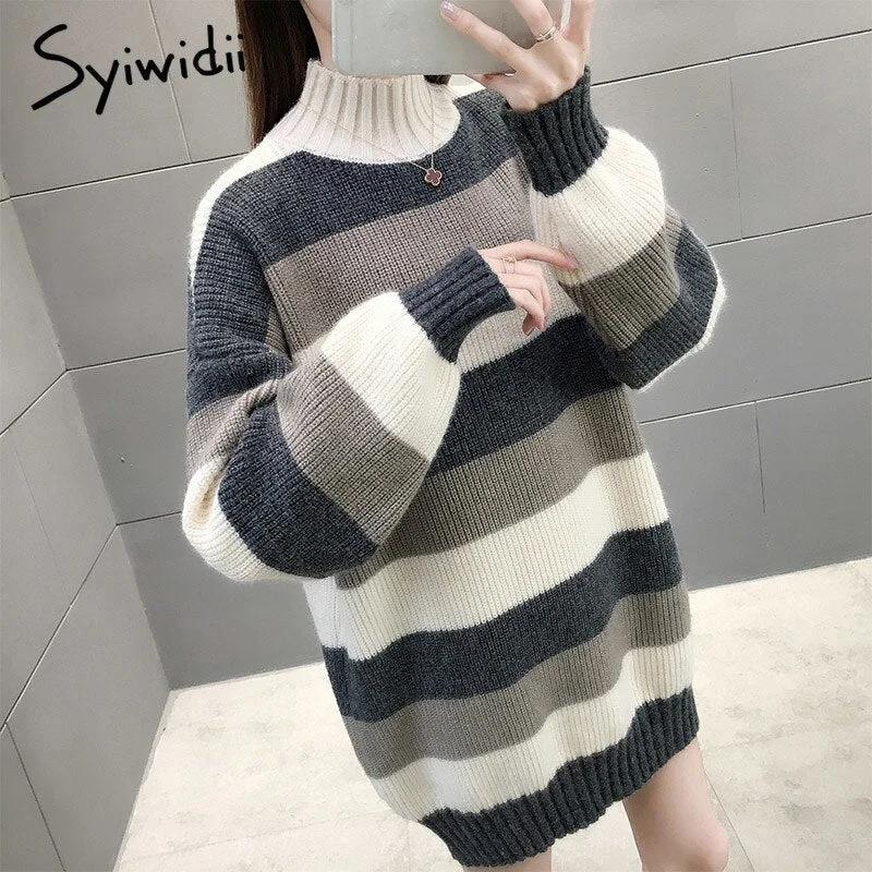 Syiwidii Turtleneck Long Winter Clothes Women Sweater Japanese Fashion Korean Tops Fall 2021 Casual Pullovers Striped Knitted