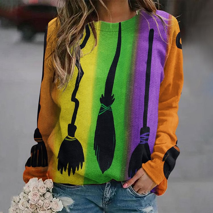 Casual Halloween Broom Print Sweatshirt