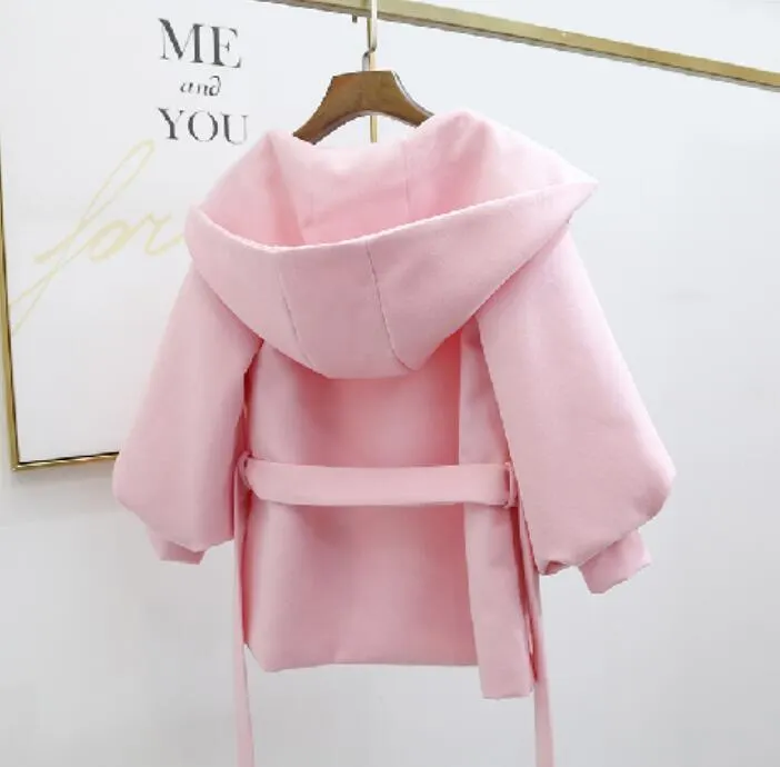 2020 Women Woolen Coat Solid Color Hooded Waist Strap Female Jacket