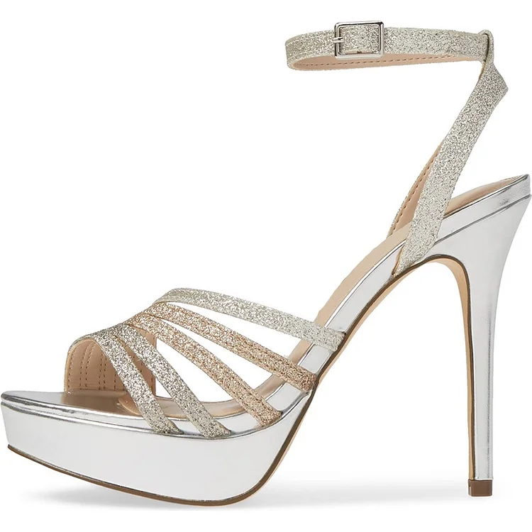 Silver Glitter Platform Stiletto Heel Sandals Vdcoo