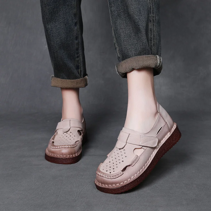 Yyvonne Time 99] Head Layer Of Cowhair Retro Handmade Hole Shoes Female Summer Beef Soft-Soled Mother Shoes With Hollow Shoes