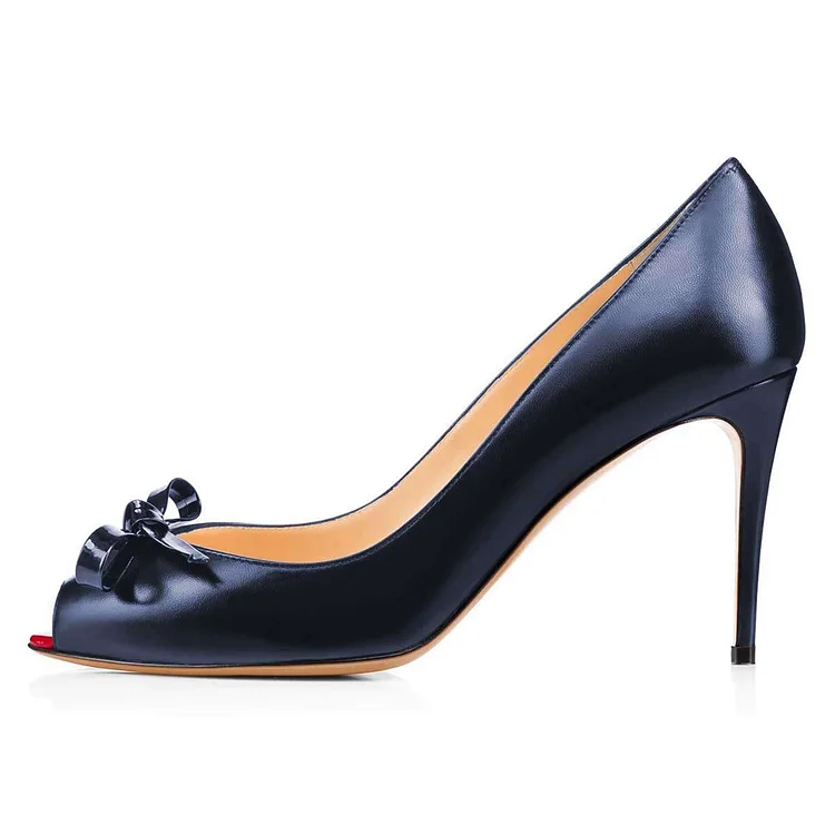 Navy Peep Toe Heels Bow Stiletto Heel Pumps |FSJ Shoes