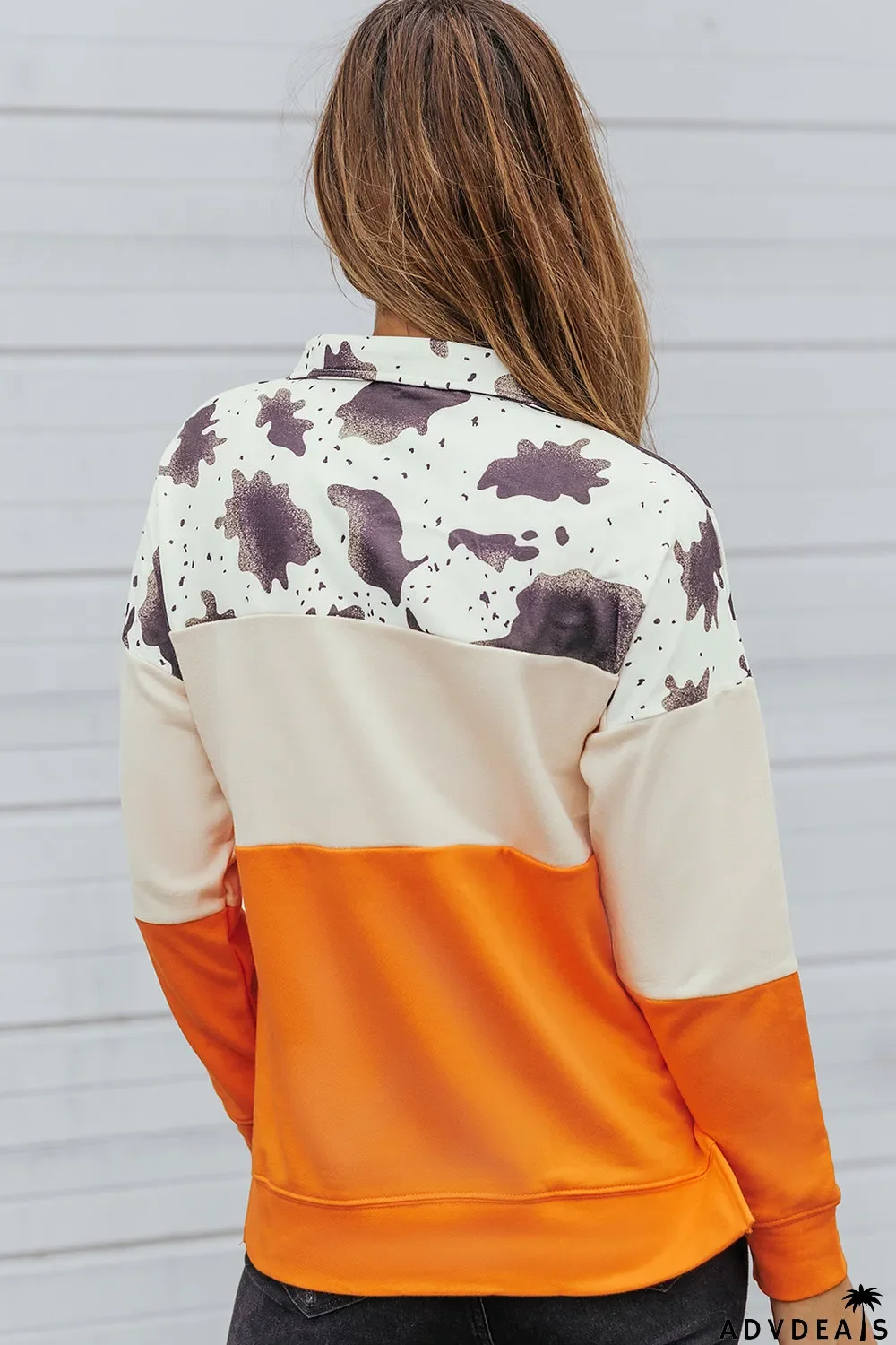 Cow Print Color Block Zip-Up Pullover Sweatshirt