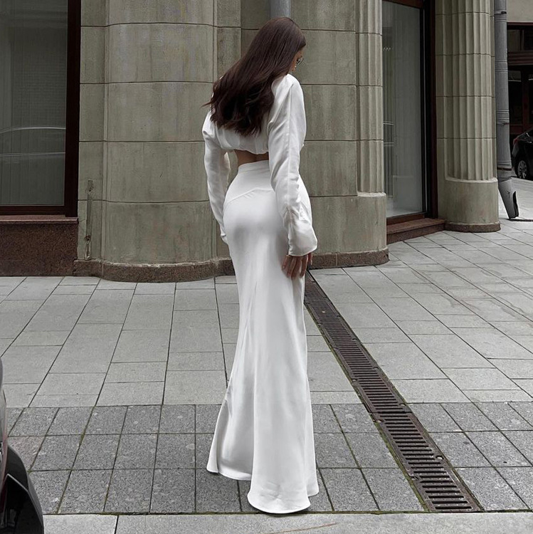 Ootddress Spring Satin High Waist Long Skirt 2 Piece-Set Fashion Slim Elegant Gown Long Sleeve Pullover And Maxi Skirt Outfits 2025