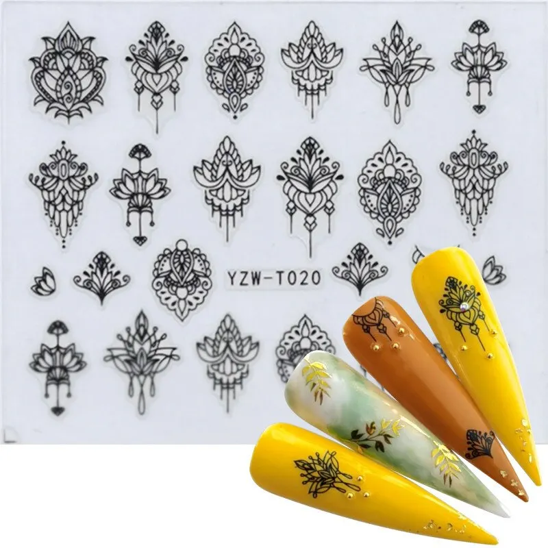 1 Sheet 3D Stickers For Nails Black Letter Leaf Flower Patterns Slider Nail Art Manicure Adhesive Tips Decals DIY Decorations-Nail Inspo