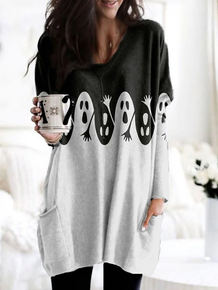 Autumn/Winter Halloween Print Pocket Long Sleeve T-Shirt Dress