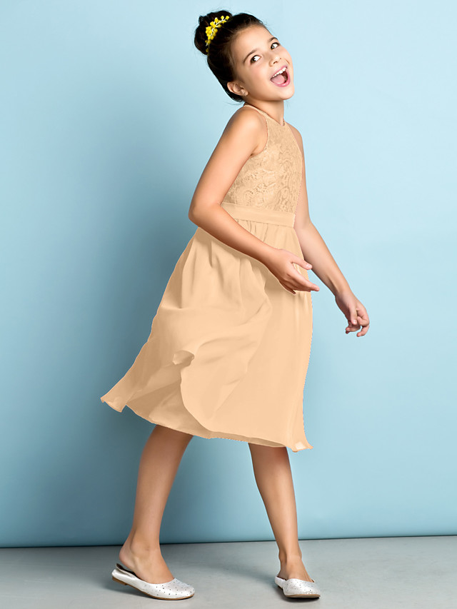 Daisda A-Line Jewel Neck Knee Length  Flower Girl Dress With Lace 