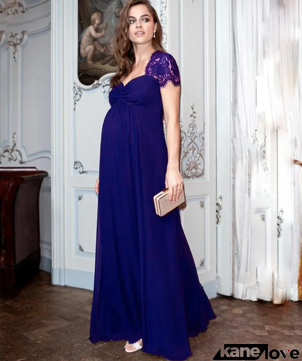 Summer Pregenant High Waist Solid Long Gown with Lace Sleeves