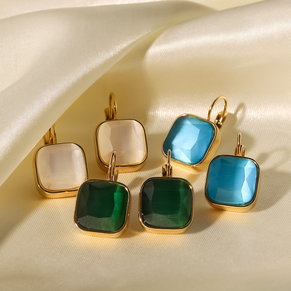 Chic INS French Titanium 18K Gold Plated Square Gemstone Drop Earrings for Women