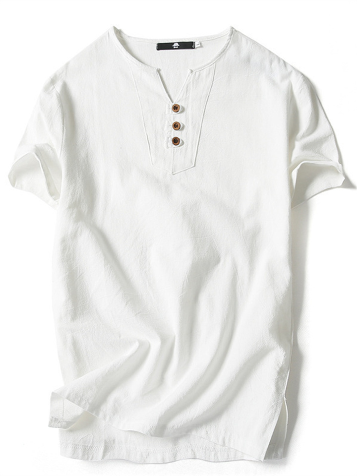Men's Linen Shirt Summer Shirt Henley Shirt Plain V Neck Casual Daily Short Sleeve Clothing Apparel Fashion Comfortable