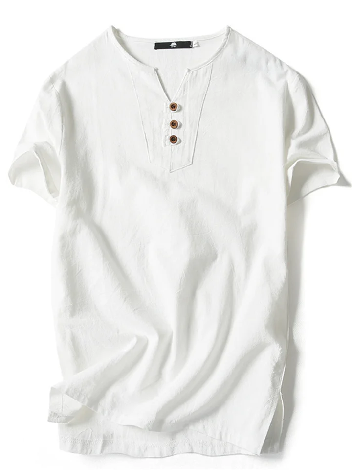 Men's Linen Shirt Summer Shirt Henley Shirt Plain V Neck Casual Daily Short Sleeve Clothing Apparel Fashion Comfortable