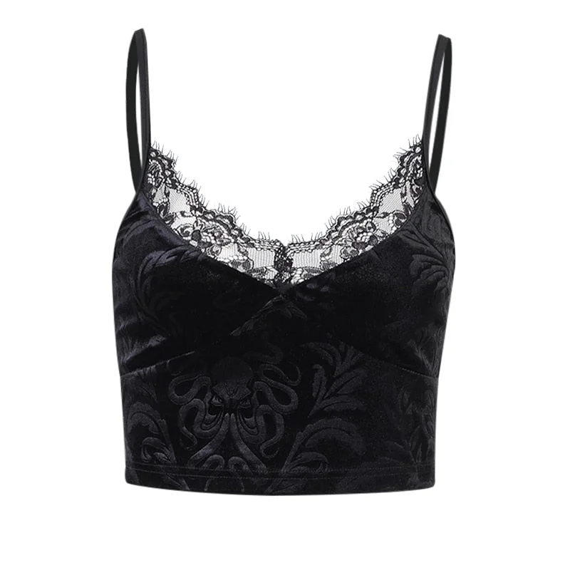InsGoth Mall Goth Lace Trim Black Camis Vintage  Aesthetic Basic Camisole Women Sexy Spaghetti Straps Backless Corset Top