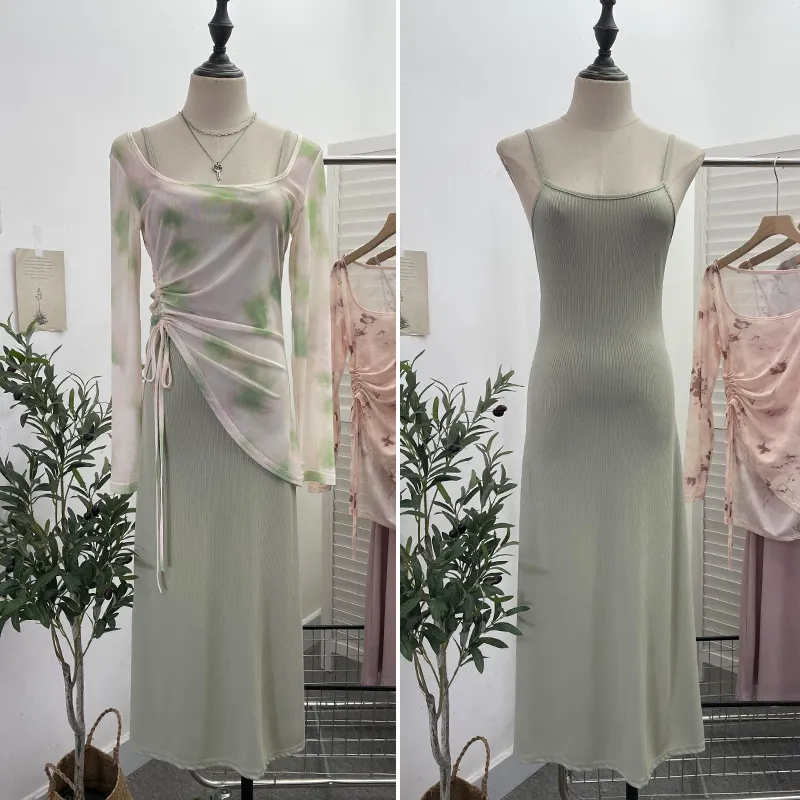 Churchf Dizzling U-Neck Rope Long-Sleeved Mesh Yarn Coat + Sling On The Back Of The Long Dress Two Sets 8859
