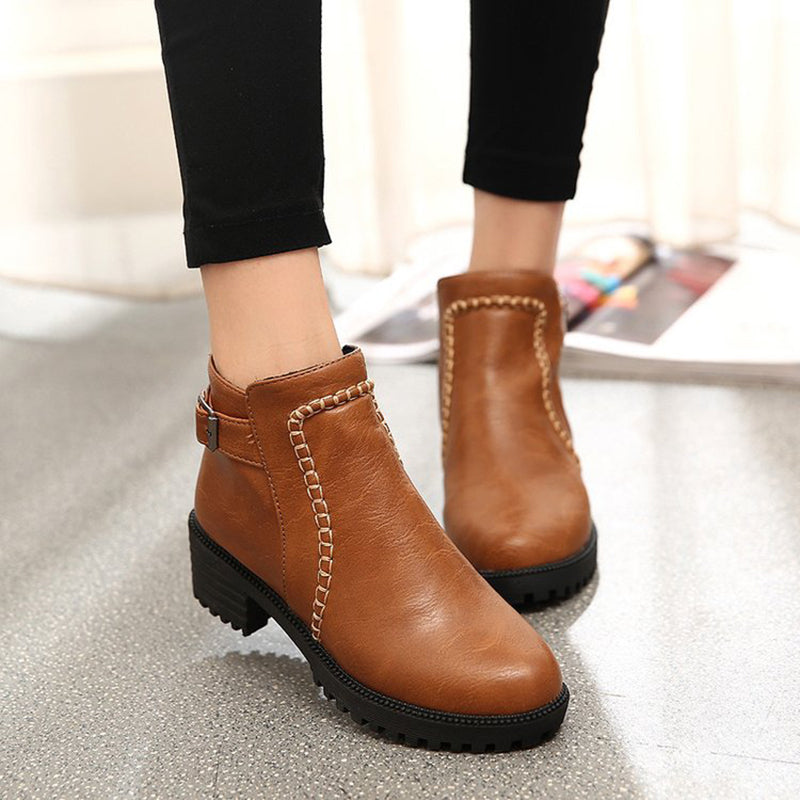 Chunky platform ankle boots buckle strap back zipper short boots