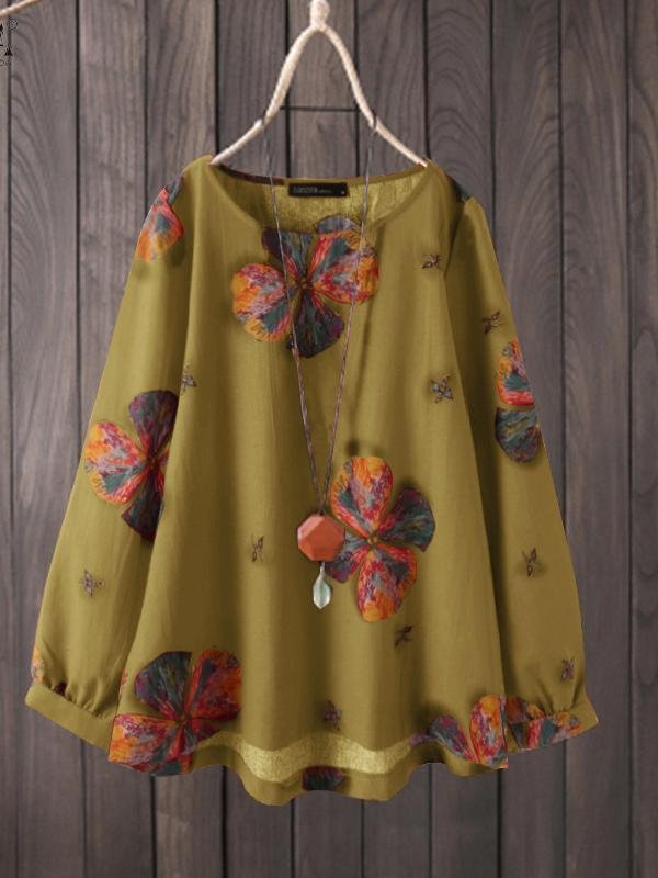 Floral Print Long Sleeves  Cotton And Linen Casual Top