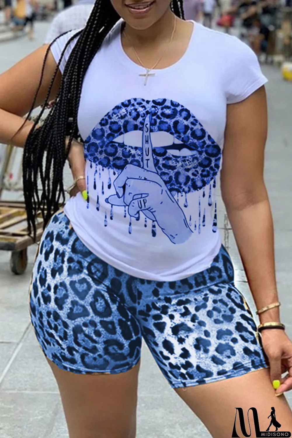 MidiSono - Yellow Casual Letter Lips Printed Split Joint O Neck Short Sleeve Two Pieces