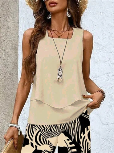 Women's Sleeveless Square Collar Graphic Printed Casual Set
