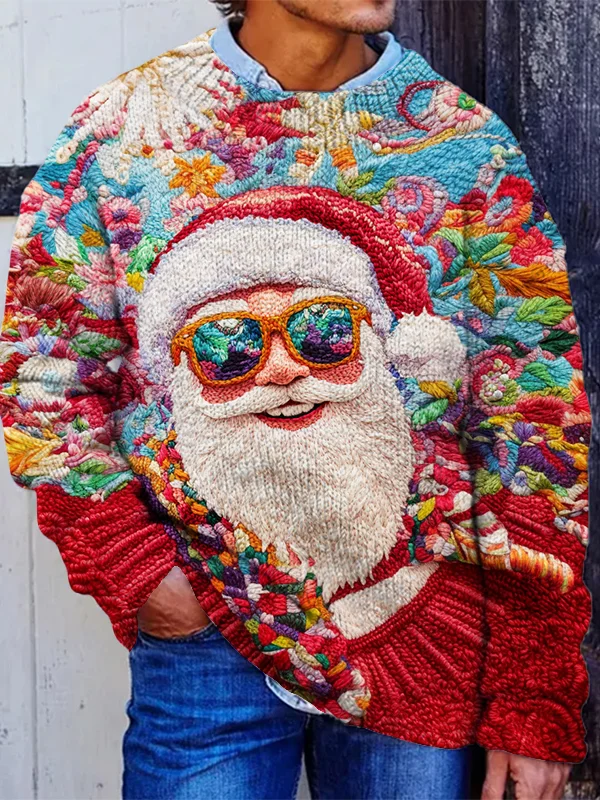 Men's Funny And Colorful Santa Claus Hippie Print Knit Sweatshirt