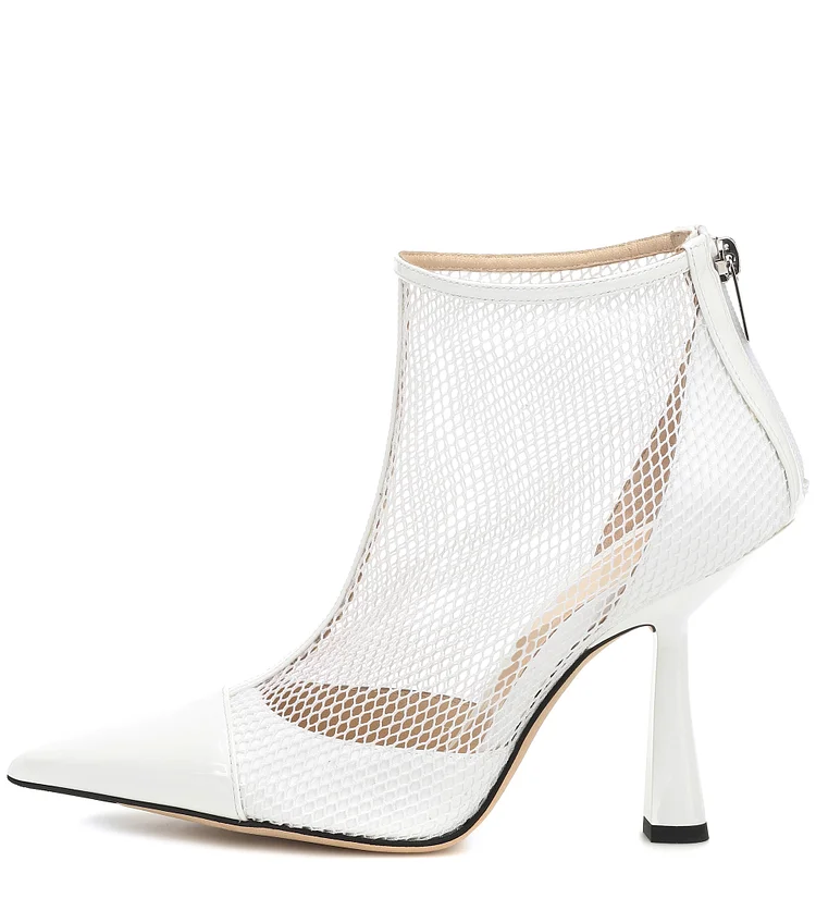 Women's White Chunky Heel Cutout booties Double Straps Ankle Boots