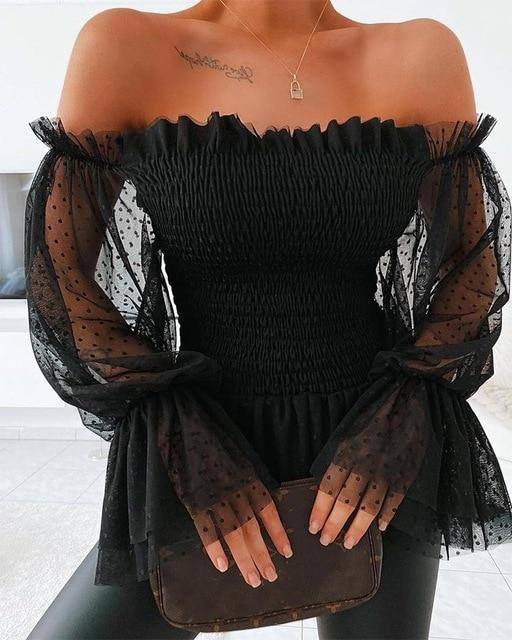 New Sexy Off Shoulder Blouse Women Mesh Flare Sleeve Shirts Summer Fashion Sheer Long Lace