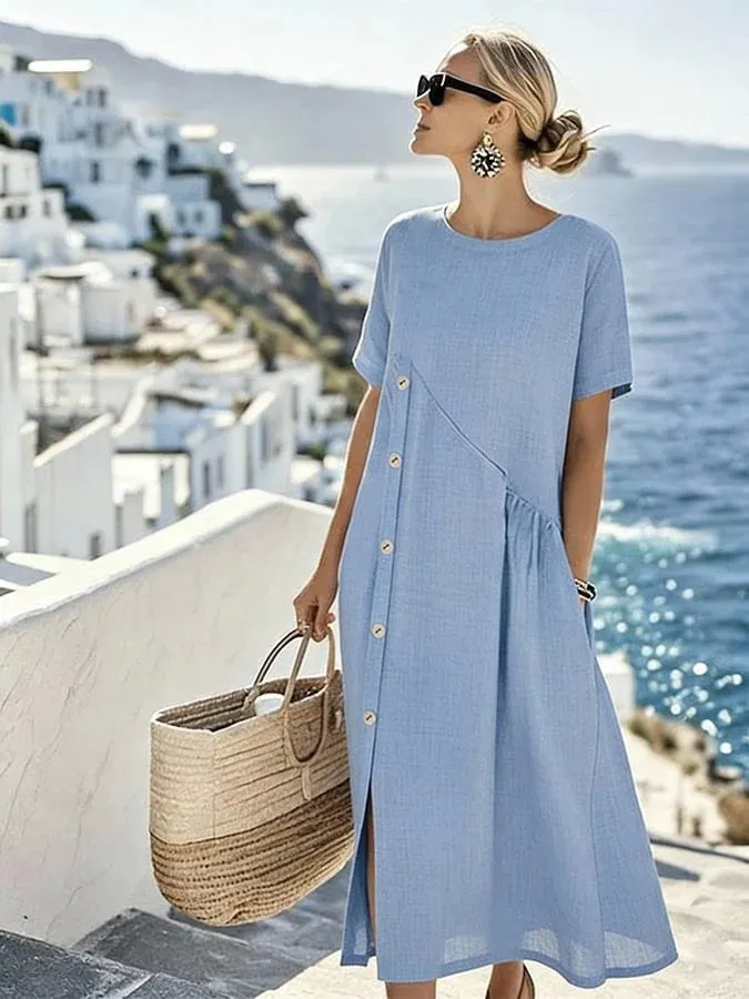Round Neck Diagonal Button Side Slit Linen Midi Dress
