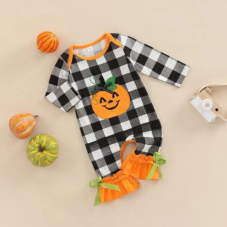 Baby Boy/Girl Halloween Pumpkin Logo Plaid Long Sleeve Romper