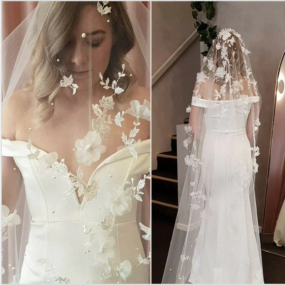 Zingj Appliques Wedding Veil 3D Flowers Pearls Bridal Veils Chapel Length Elegant Bride Veils Wedding Accessories