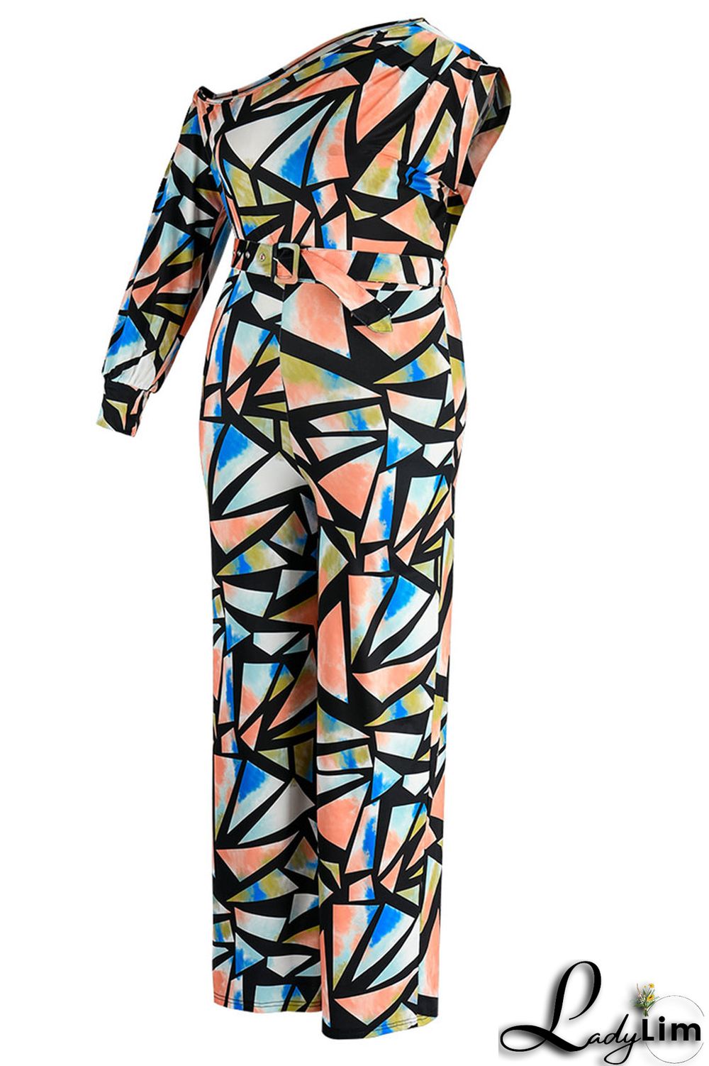 Blue Casual Print Split Joint Oblique Collar Plus Size Jumpsuits