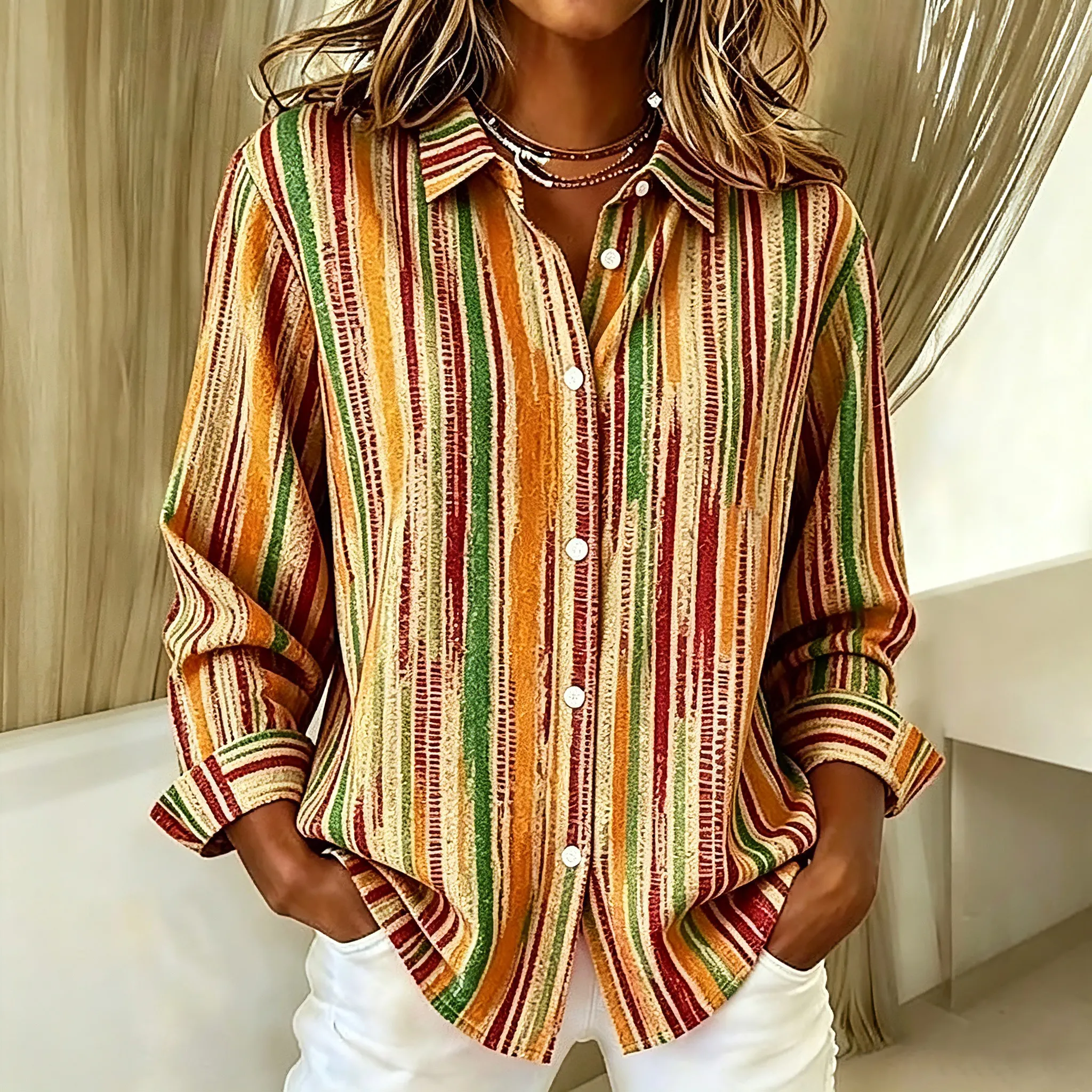 Comstylish Women's Retro Colorful Abstract Striped Print Casual Long-sleeve Shirt