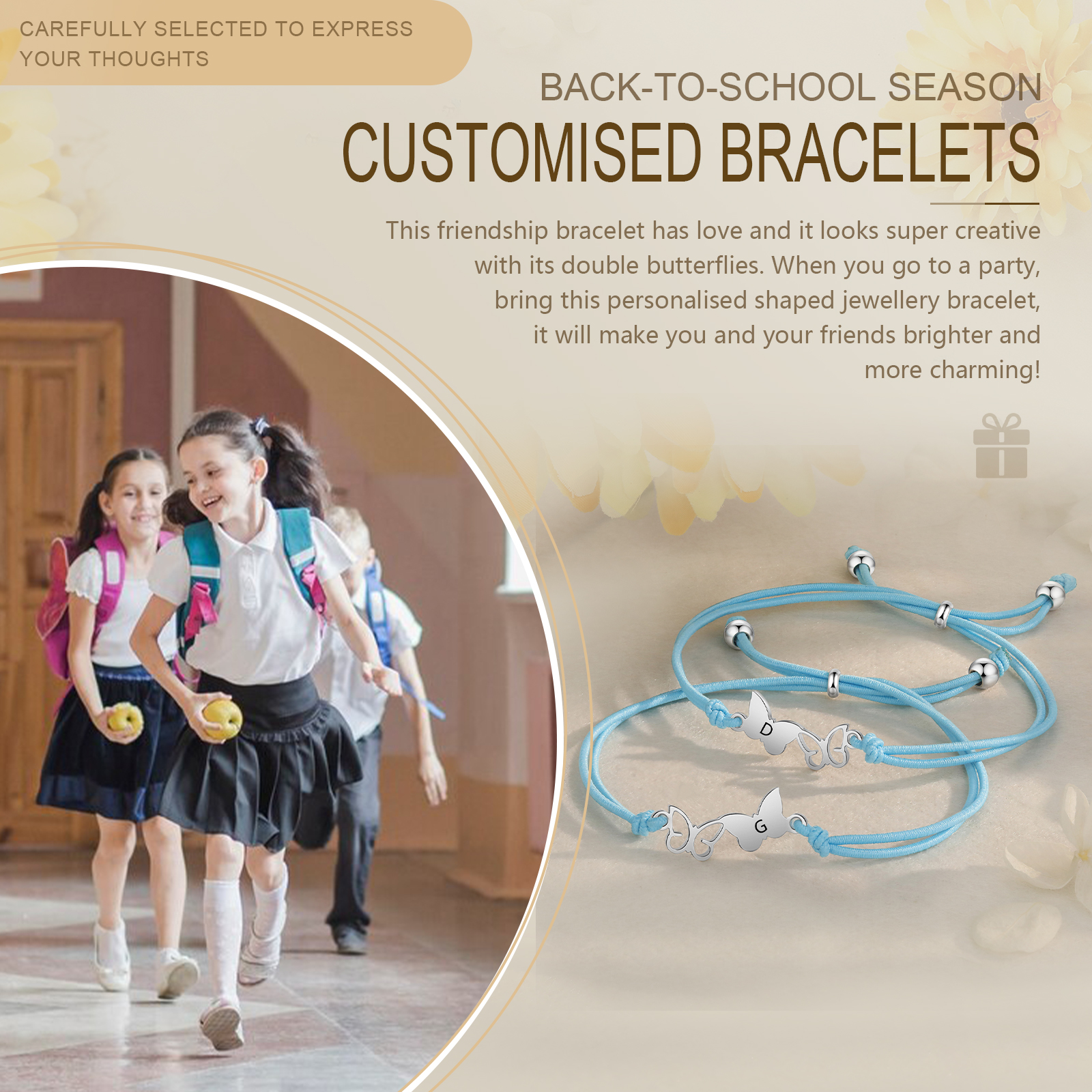 2 Pack Personalized Butterfly Elastic Cord Bracelet with Card and Gift Box, Customized 2 Letters, Gift for Daughter