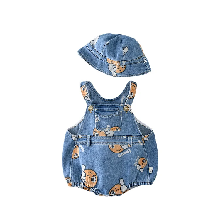 2pcs Newborn Baby Boy/Girl Overall Print Cartoon Denim Overalls with Lovely Fashion Cowboy Hat Set