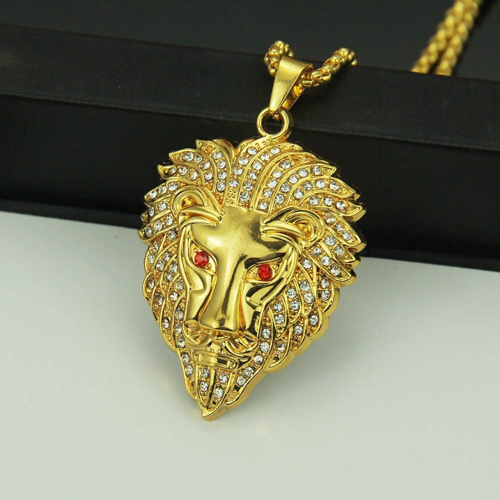 Hip-hop Lion Head Red Rhinestone pendant Necklace Jewelry-VESSFUL