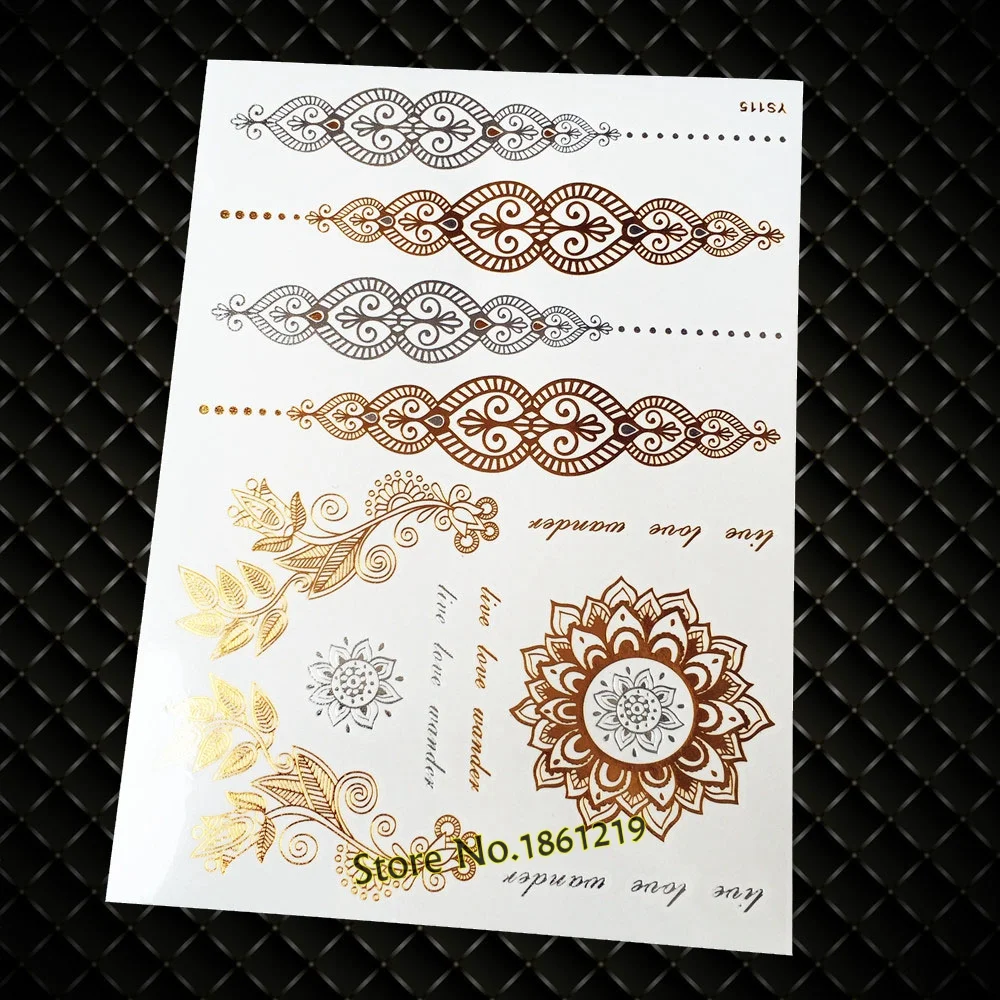 Sdrawing Shiny Metallic Tattoo Henna Gold Flower Body Art GCT166 Silver Lace Feather Tattoo Bracelet Flash Temporary Tattoo Stickers