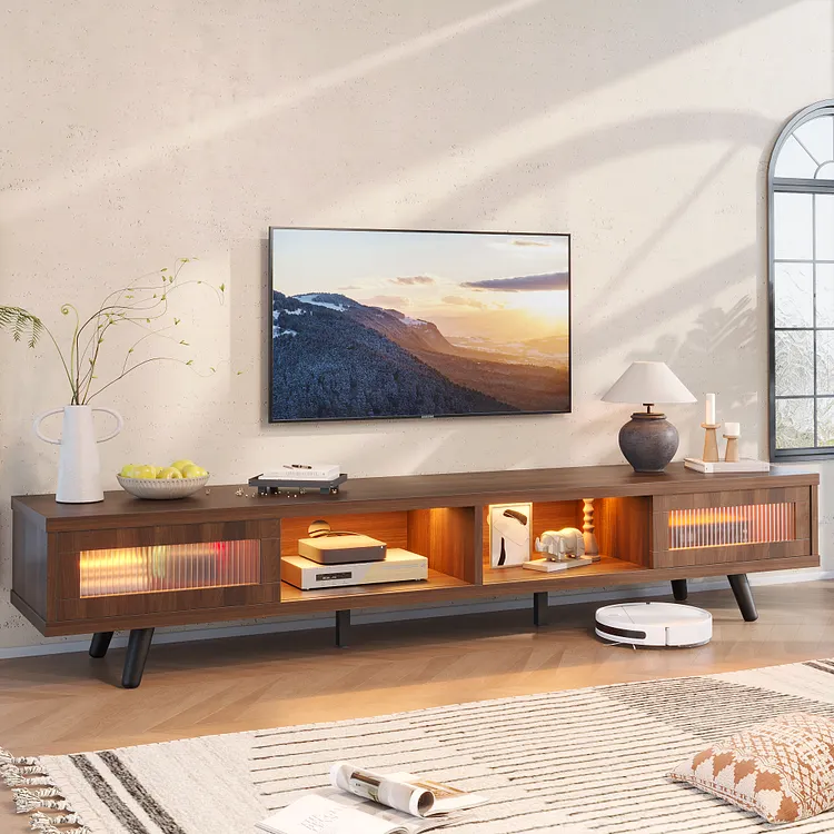 Bestier 70" LED TV Stand for TVs up to 75" TV, Mid-Century Modern Entertainment Center with Sliding Glass Door, Media TV Console Table