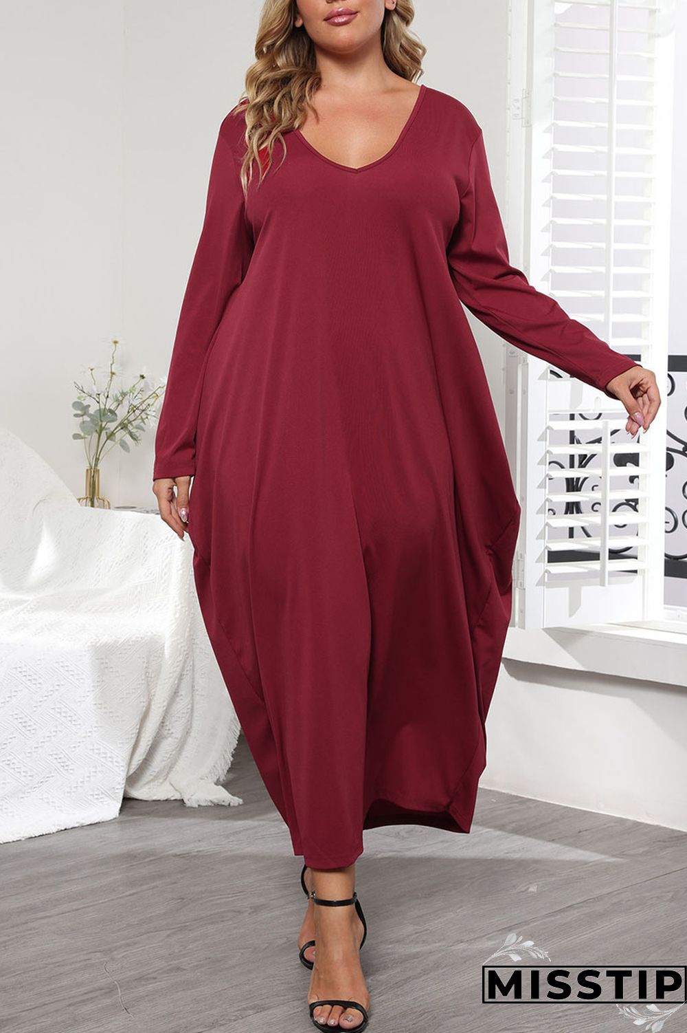 Purplish Red Casual Solid Patchwork Pocket Frenulum V Neck Long Sleeve Plus Size Dresses