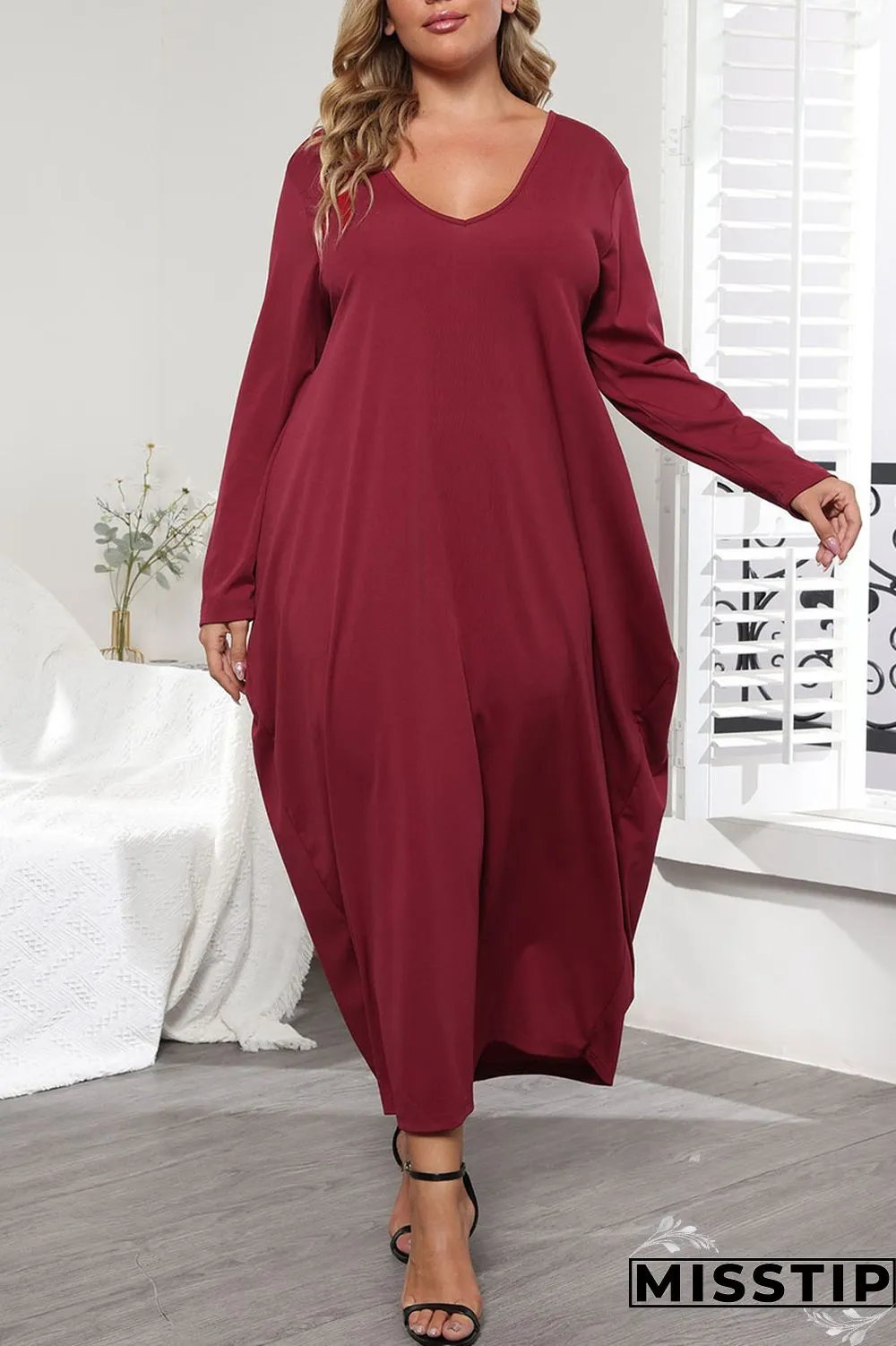 Purplish Red Casual Solid Patchwork Pocket Frenulum V Neck Long Sleeve Plus Size Dresses