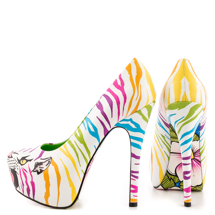 White Tiger-print Stiletto Heels Almond Toe Platform Shoes For Women |FSJ Shoes