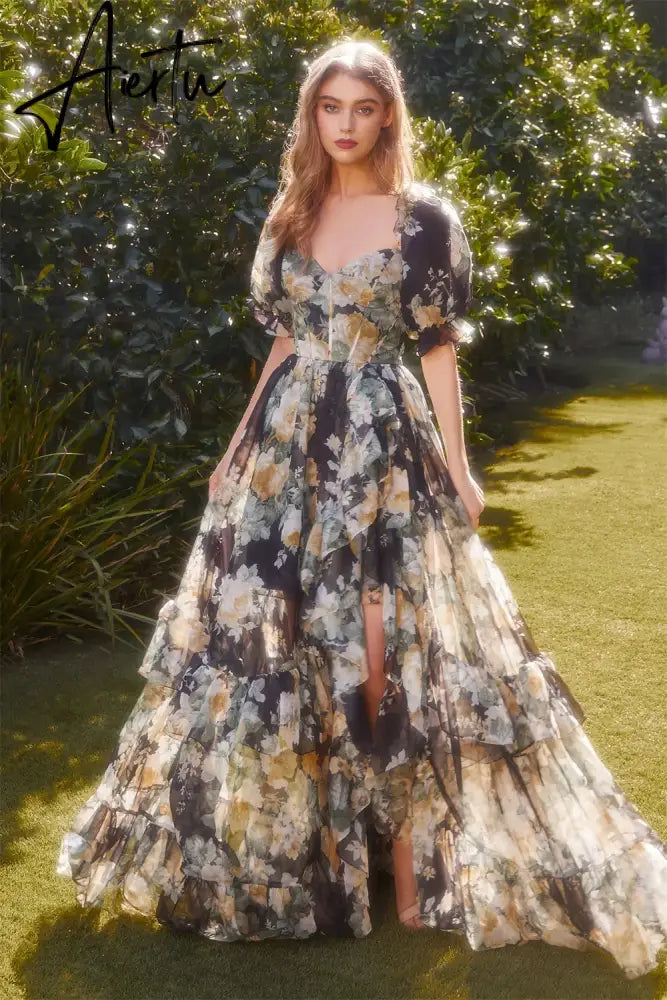 Aiertu  Sweetheart Neck Prom Dresses A-line Organza  Puffy Short Sleeves Chapel Train Edge Curl Cocktail Party Aiertu