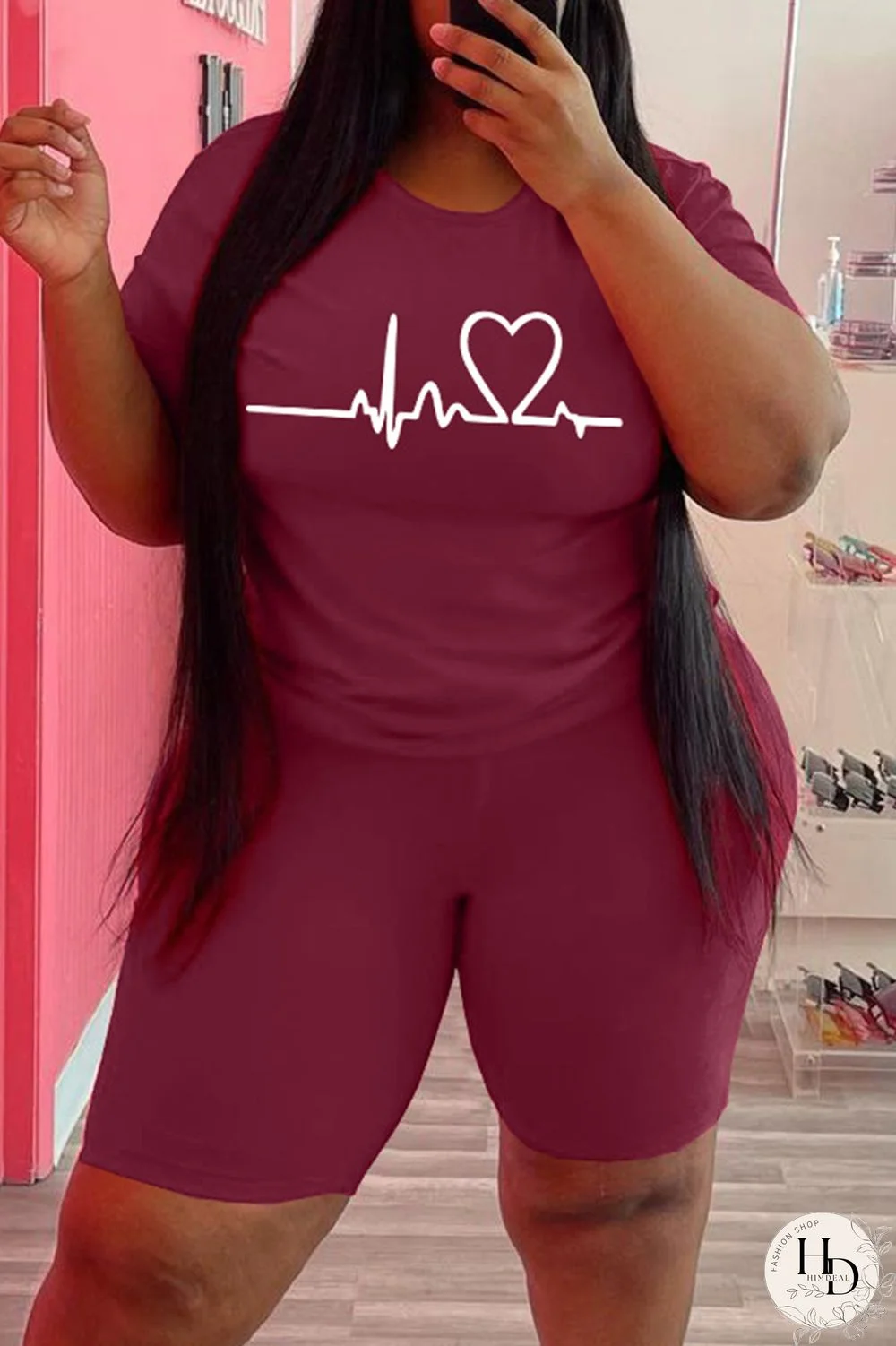 Burgundy Fashion Casual Print Basic O Neck Plus Size Two Pieces