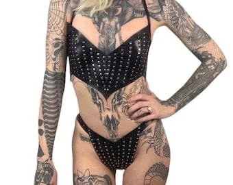 pornhint Pornhint The Sphinx Bra and Panty Set, Handmade Bralette and Panty Set, Studded Push-Up Halter Bra, Studded Thong, Custom Handmade Leather Lingerie