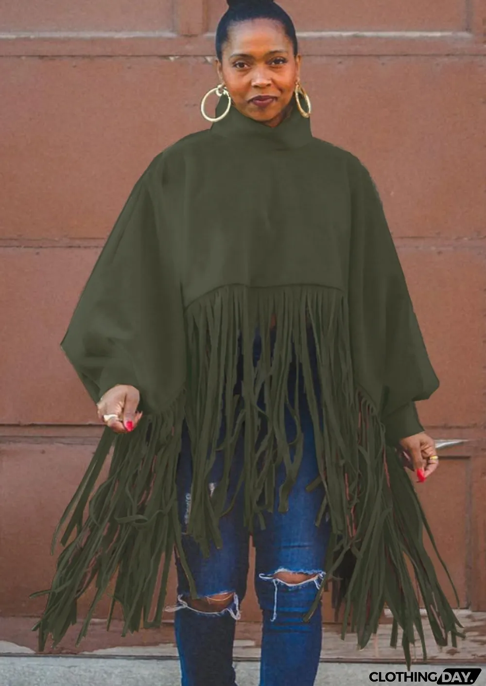 Fall Plus Size Green High Neck Puff Sleeve Oversize Tassels Top