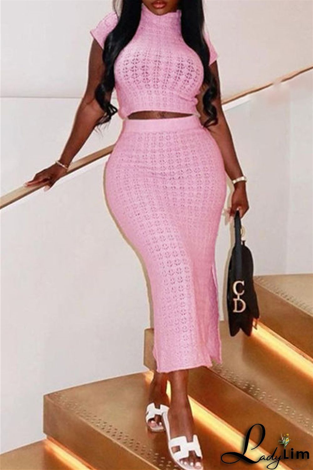 Pink Fashion Casual Solid Patchwork Slit Turtleneck Short Sleeve Two Pieces