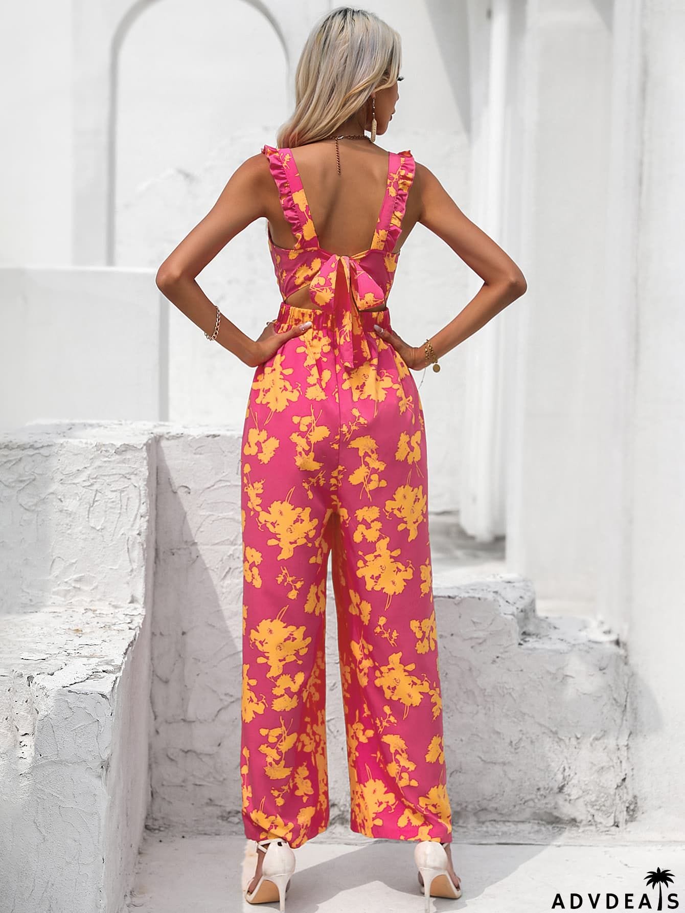 Floral Square Neck Cutout Tie Back Jumpsuit