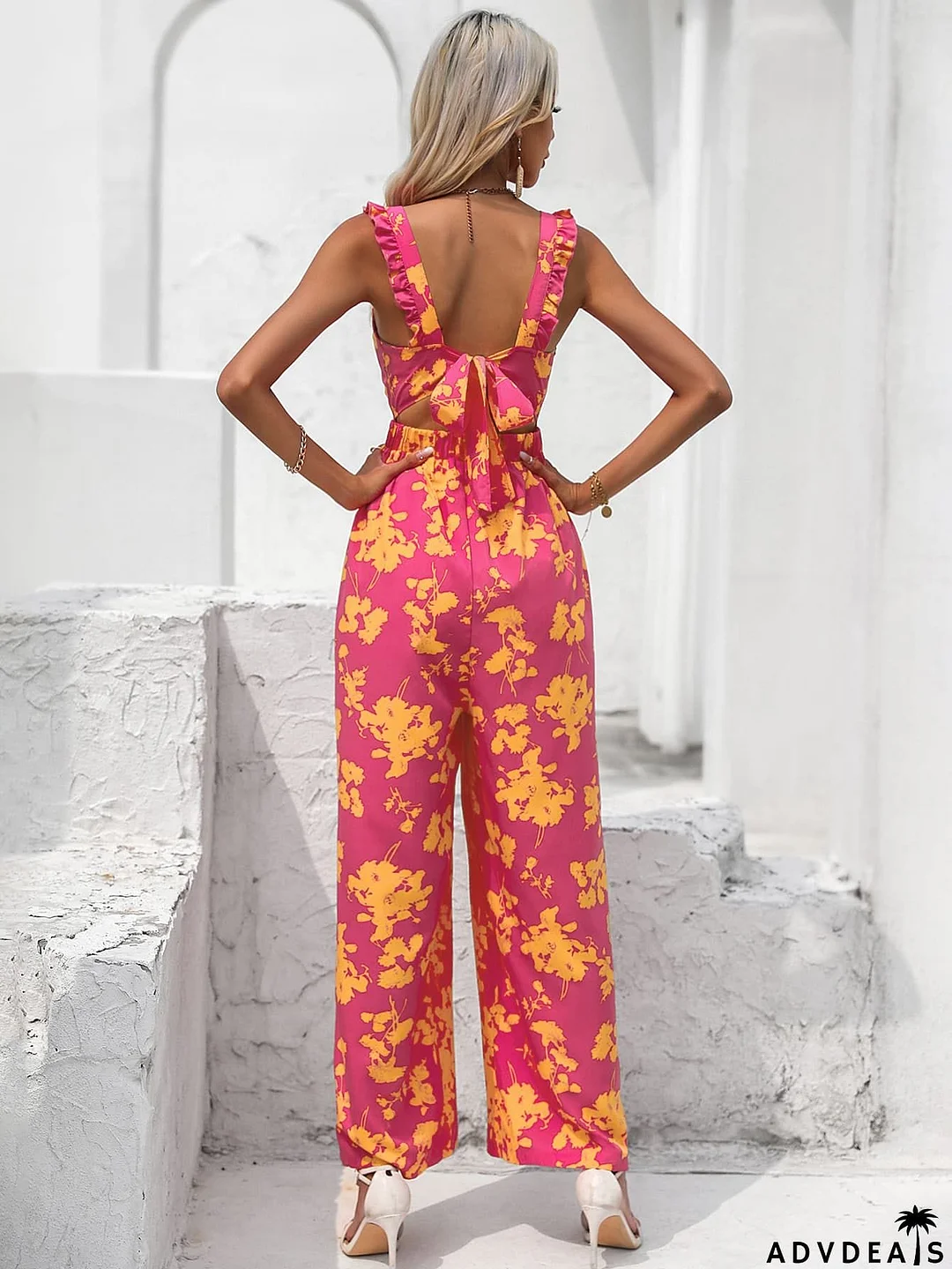 Floral Square Neck Cutout Tie Back Jumpsuit