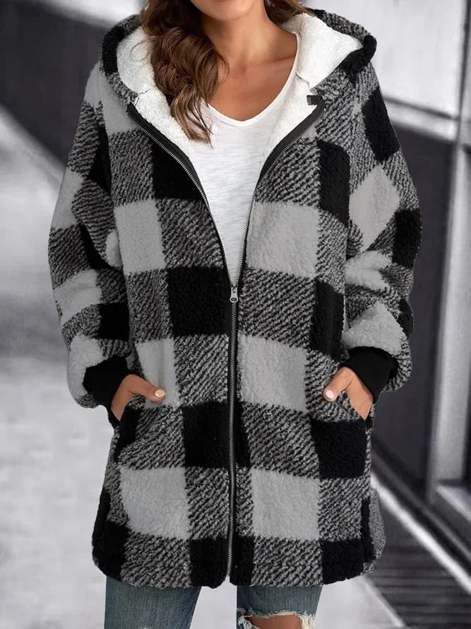 Women Oversized Hoodie Plaid Loose Overcoat 