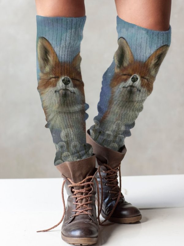 Retro fox print knit boot cuffs leg warmers
